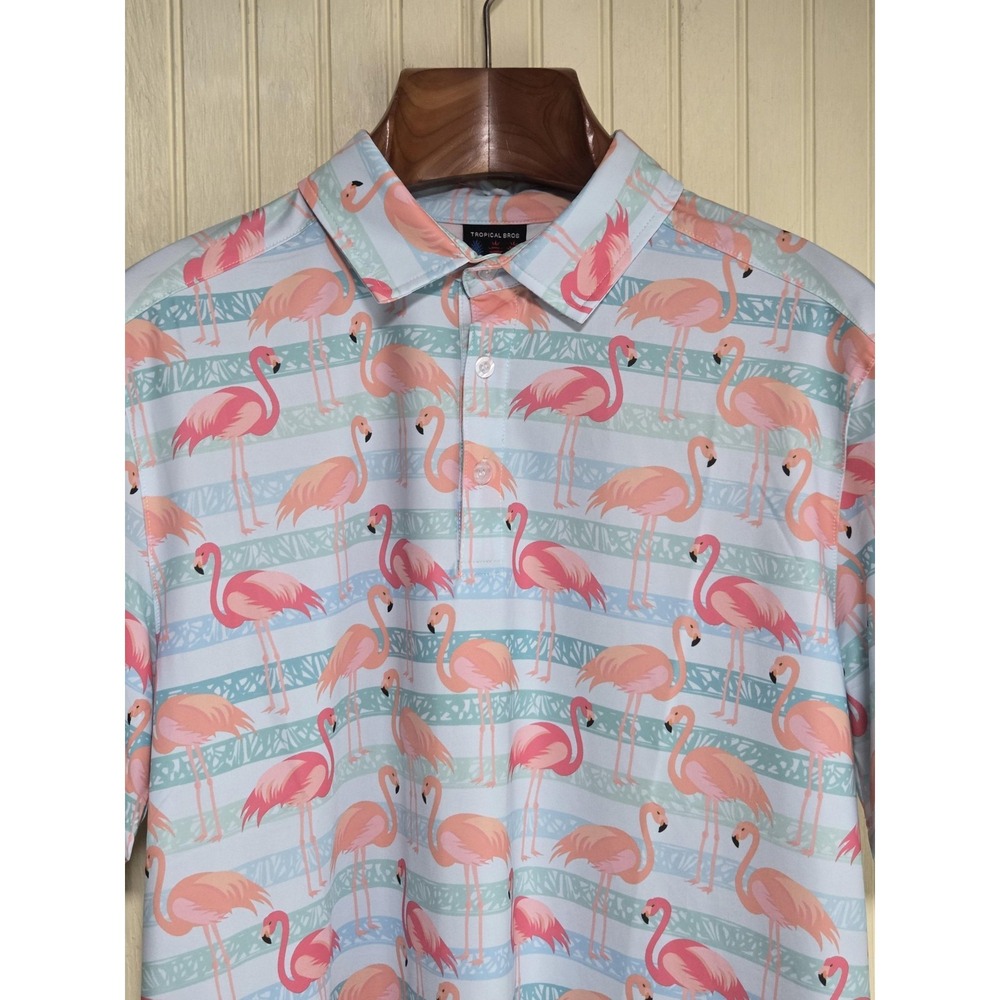 Tropical Bros Polo Shirt Mens Medium Flamingo Print Stretch Golf Performance Top
